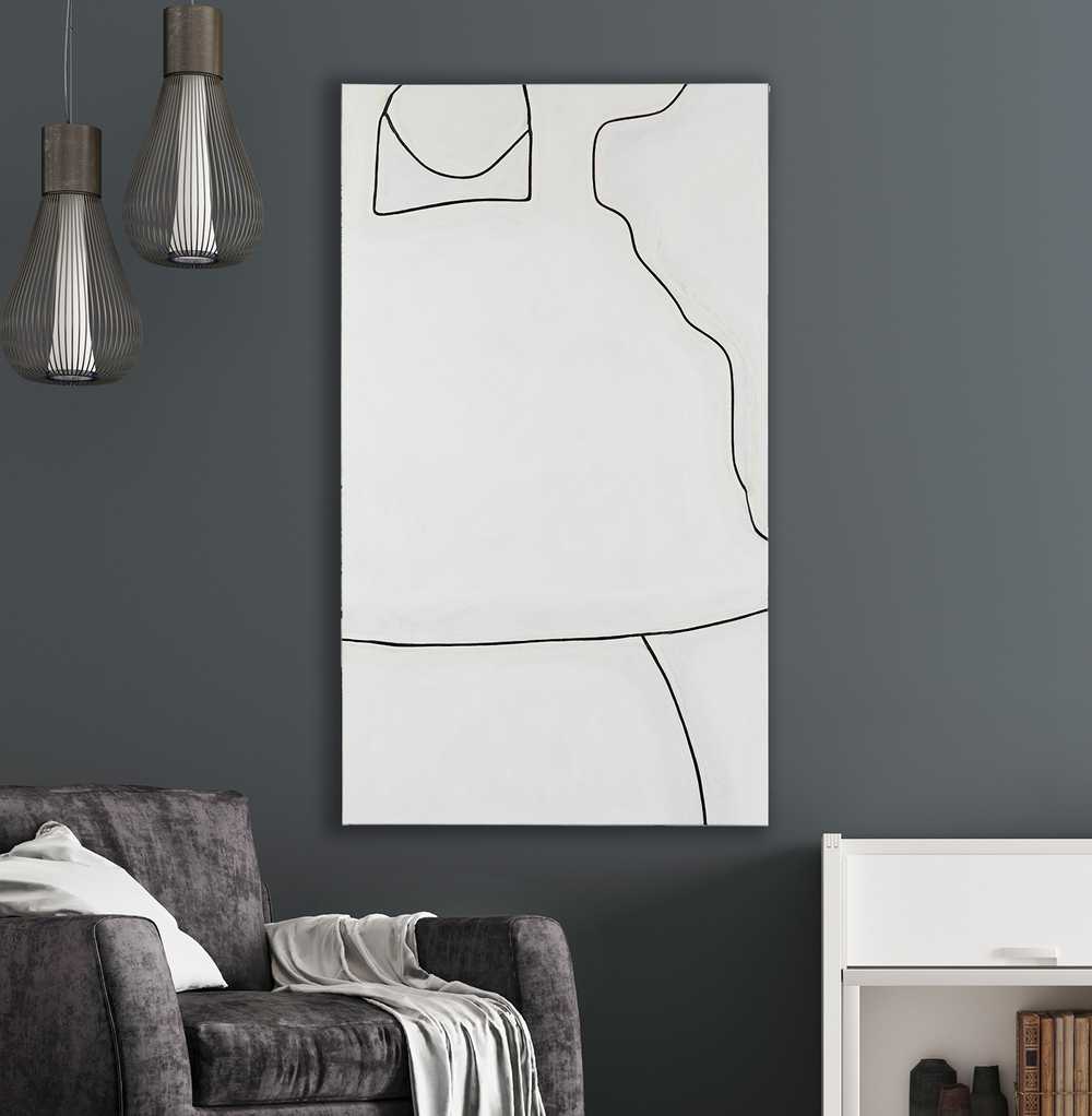 Emil Klein Untitled Painting, White Canvas with Abstract Black fluid lines, painting hung in Living Room setting