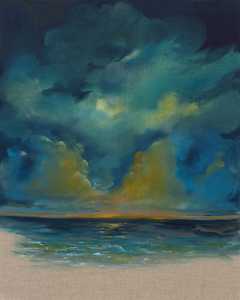 Just in Time #1, oil on linen, 24 x 19 inches by @asifhoque is a little gem of a painting. I adore the deep blues and vibrant turquoises, the glow that emanates from the orange light flaring on the horizon, the triumphant clouds.. 
(…) Hoque's choice of tones materializes an inner ‘renaissance,’ a transformation further accentuated through dynamic brushstrokes instilling the urgency of a moment as precious and fleeting as our time spent on earth. Asif Tanvir Hoque (b. 1991) currently lives and works in Brooklyn, New York. He has appeared in numerous group shows and studied fine art at Pratt institute and Hunter College. As a Bangladeshi immigrant, who was raised between Rome and South Florida, Hoque’s paintings attempts to figuratively and stylistically combine aspects of multicultural identity. His early work highlights his fascination with classical fine arts, but with the progression of his skill and his self-discovery, Hoque challenges his audience to explore aspects of self that are authentic. Hoque hopes to address the unique experience of living in the “in between” (text source: @asifhoque) #asifhoque #oilpainting #nature #ocean #dramatic #vibrant #meditative #contemplative #justintime #beforesunrise